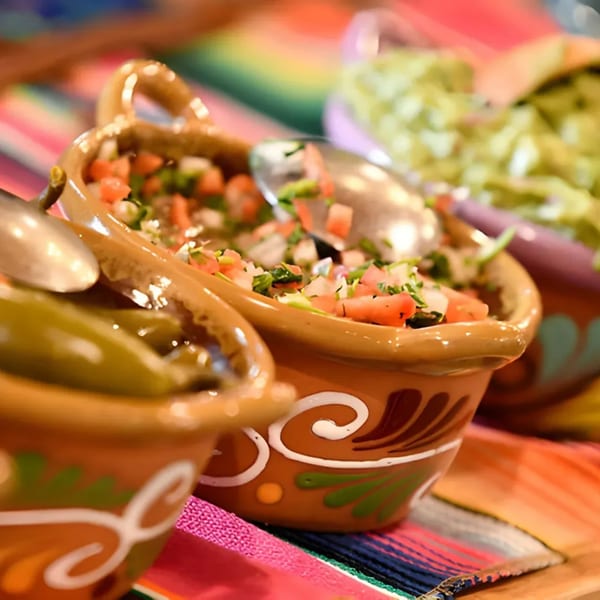 Pico de gallo, green chiles, and guacamole in decorative Mexican bowls on a colorful striped placemat.